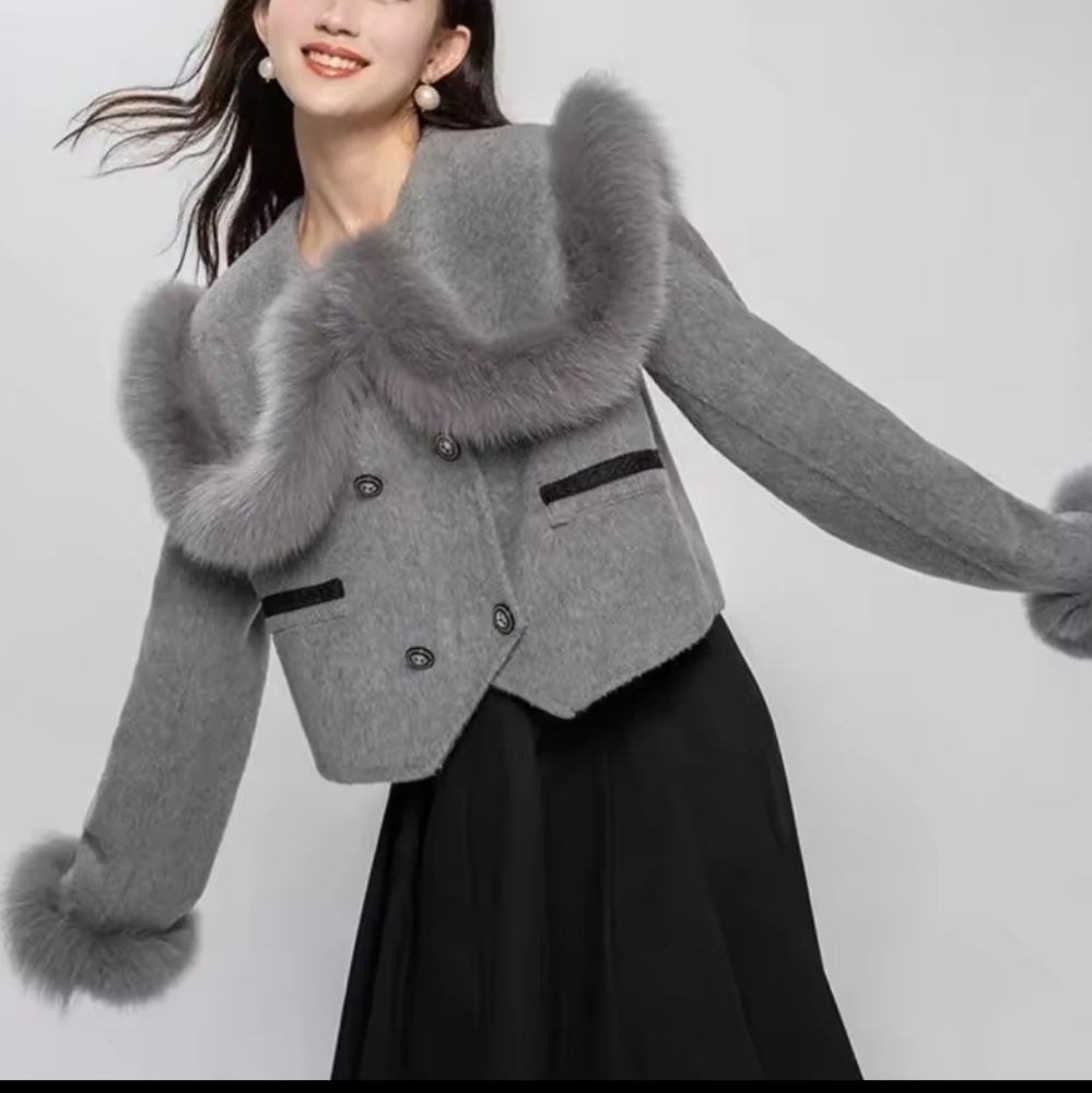 Real Fox Fur Woolen Jacket Women - Picture 3 of 5